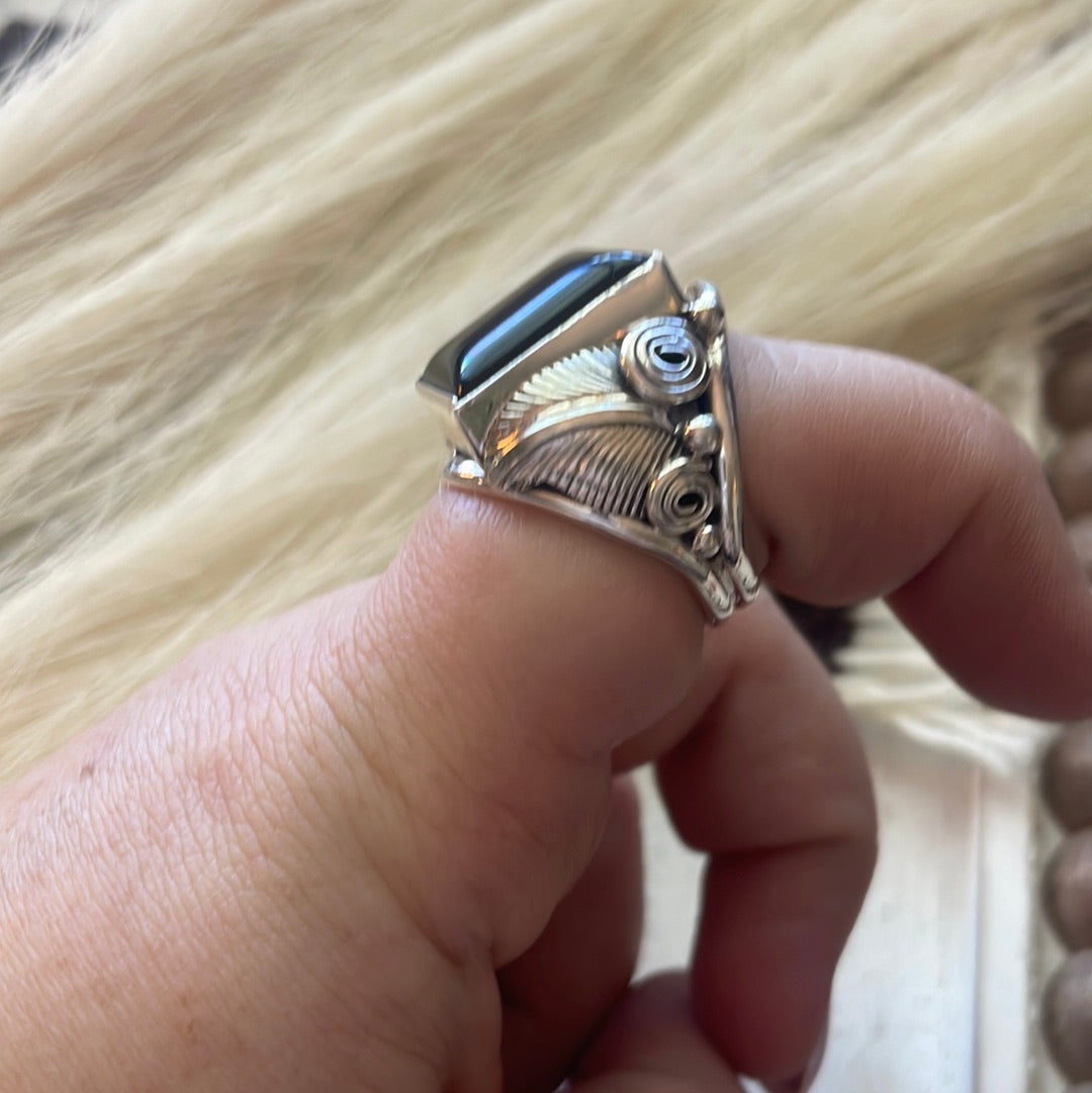 Handcrafted Sterling Silver & Black Onyx Rectangluar Ring Size 9
