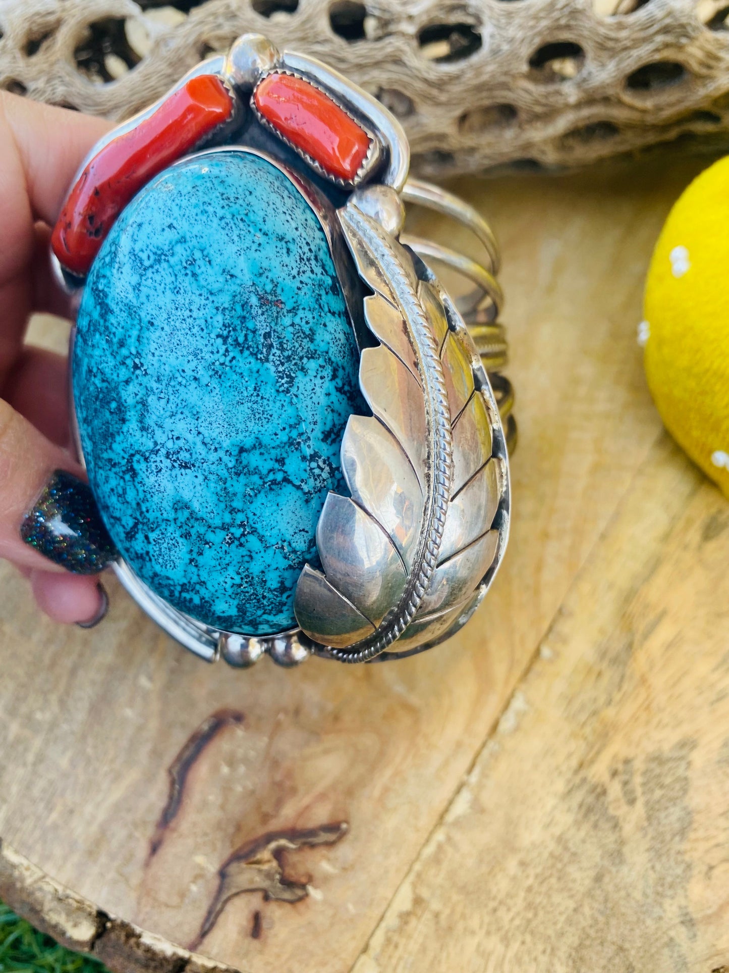 Handcrafted Incredible Bisbee Turquoise, Coral & Sterling Silver Jumbo Cuff Bracelet /