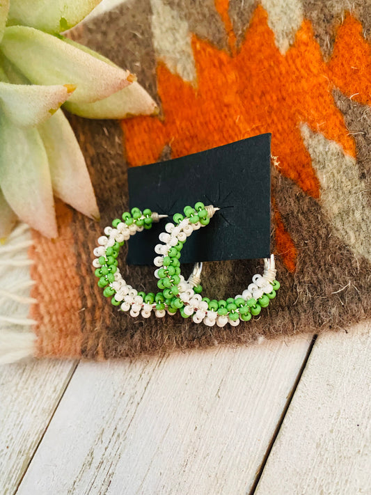 Handcrafted Handmade Beaded Hoop Earrings- green/white