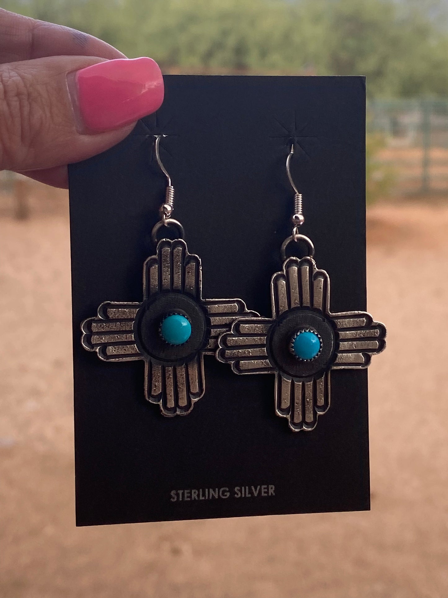 Navajo Turquoise & Sterling Silver Zia Dangle Earrings By Kevin Billah