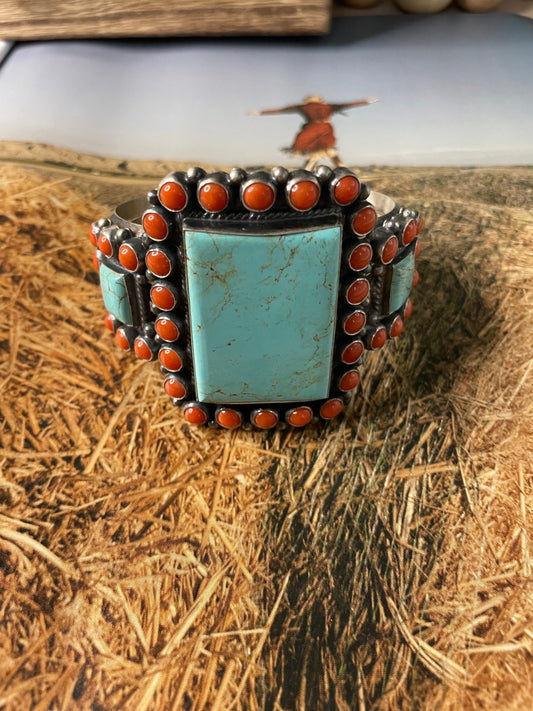 Anthony Skeets Handcrafted Turquoise, Coral & Sterling Silver Cuff Bracelet Signed /