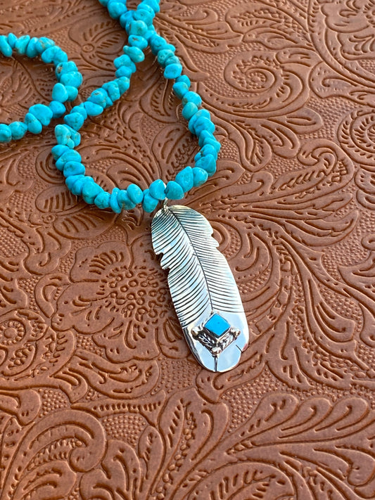 Handcrafted Kingman Turquoise & Sterling Silver Feather Pendant