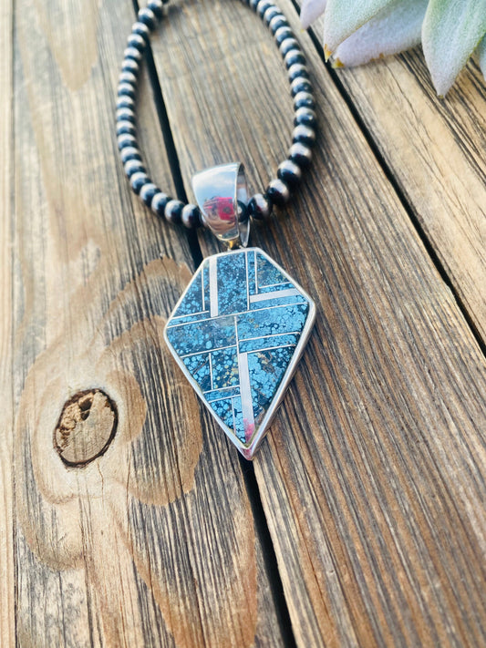 Handcrafted Blue Moon Turquoise and Sterling Silver Inlay Pendant