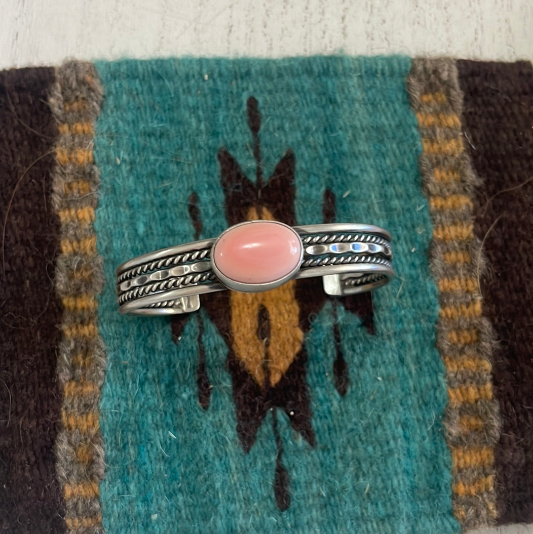 Navajo Pink Conch & Sterling Silver Adjustable Oval Cuff Bracelet Signed Tahe