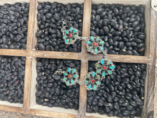 Handmade Sterling Silver Turquoise, & Coral Cluster Bracelet Signed Nizhonil
