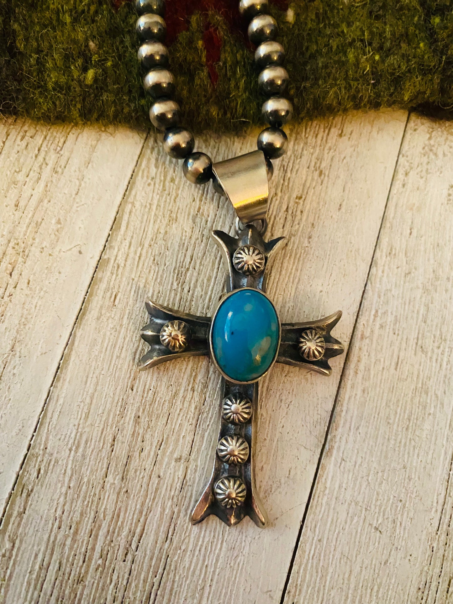 Handcrafted Sterling Silver & Turquoise Cross Pendant By Chimney Butte