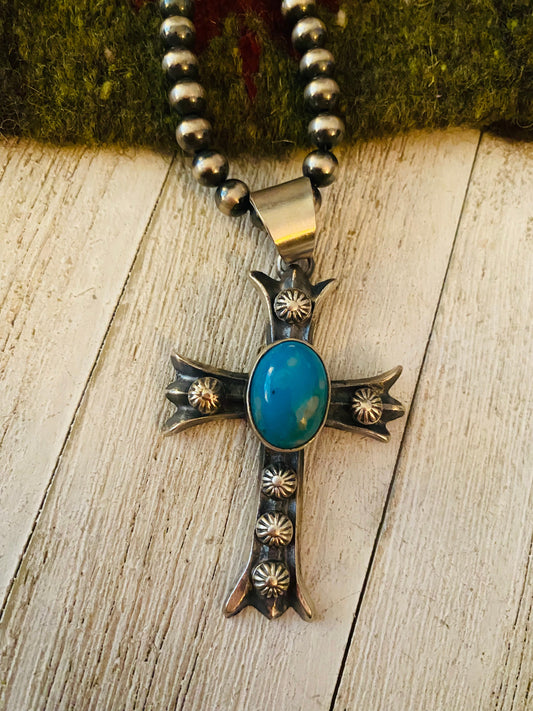 Handcrafted Sterling Silver & Turquoise Cross Pendant By Chimney Butte