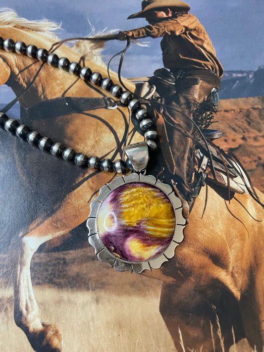 Handcrafted Sterling Silver & Purple Spiny Pendant Signed