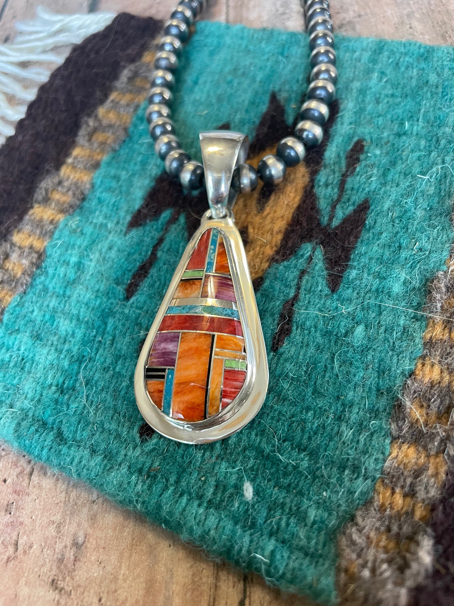 Handcrafted Multi Stone Inlay & Sterling Silver Pendant Signed