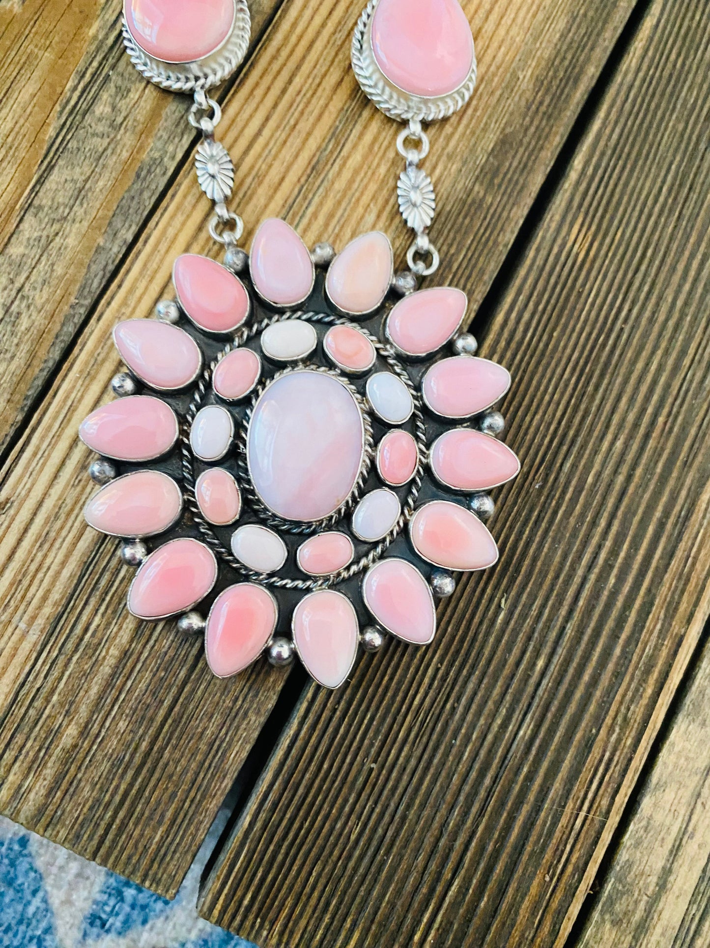 Handcrafted Pink Conch And Sterling Silver Necklace Earrings Set Signed Phyllis Smith