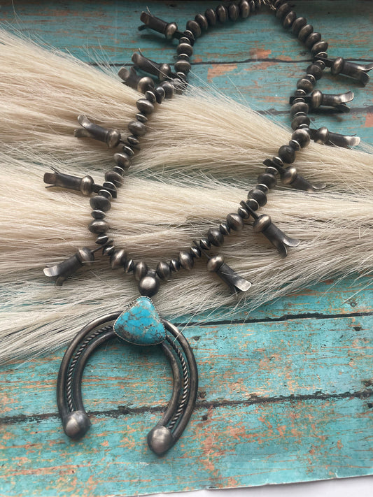 Vintage Handcrafted Kingman Turquoise & Sterling Silver Beaded Squash Blossom Necklace Signed