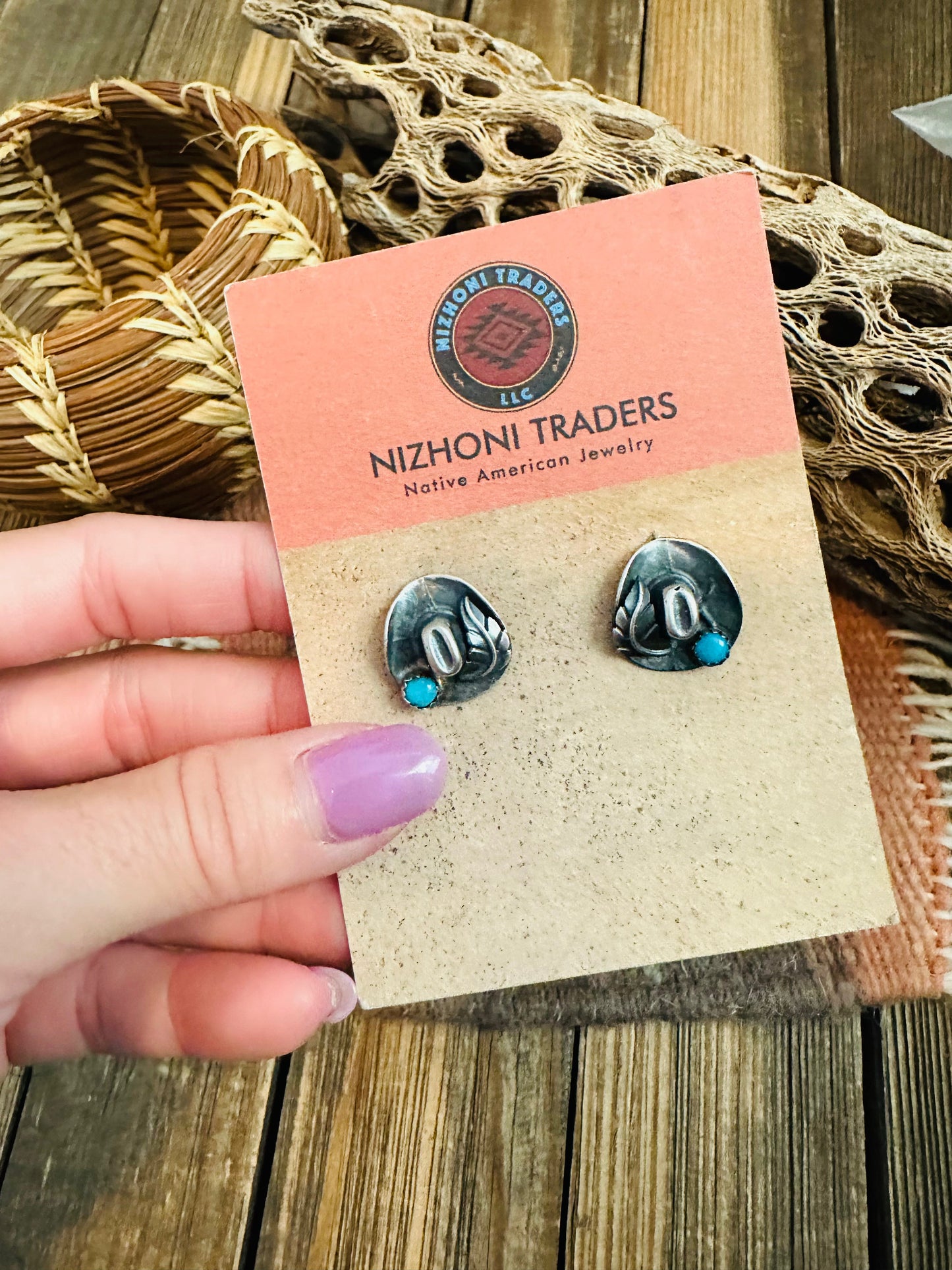 Handcrafted Mini Cowboy Hat Sterling Silver & Turquoise Stud Earrings
