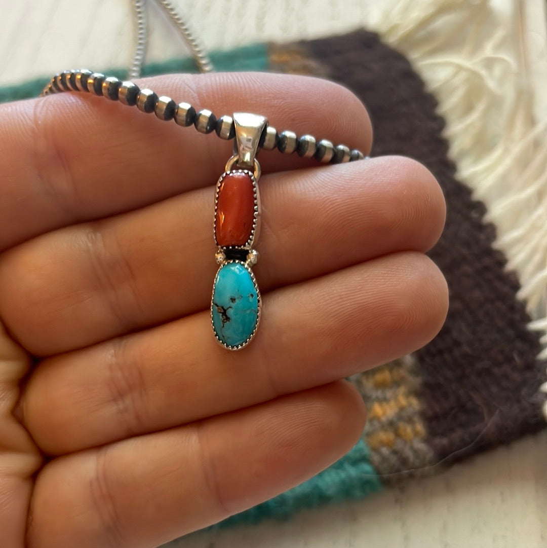 Navajo Sterling Silver, Coral & Turquoise 2 Stone Pendant