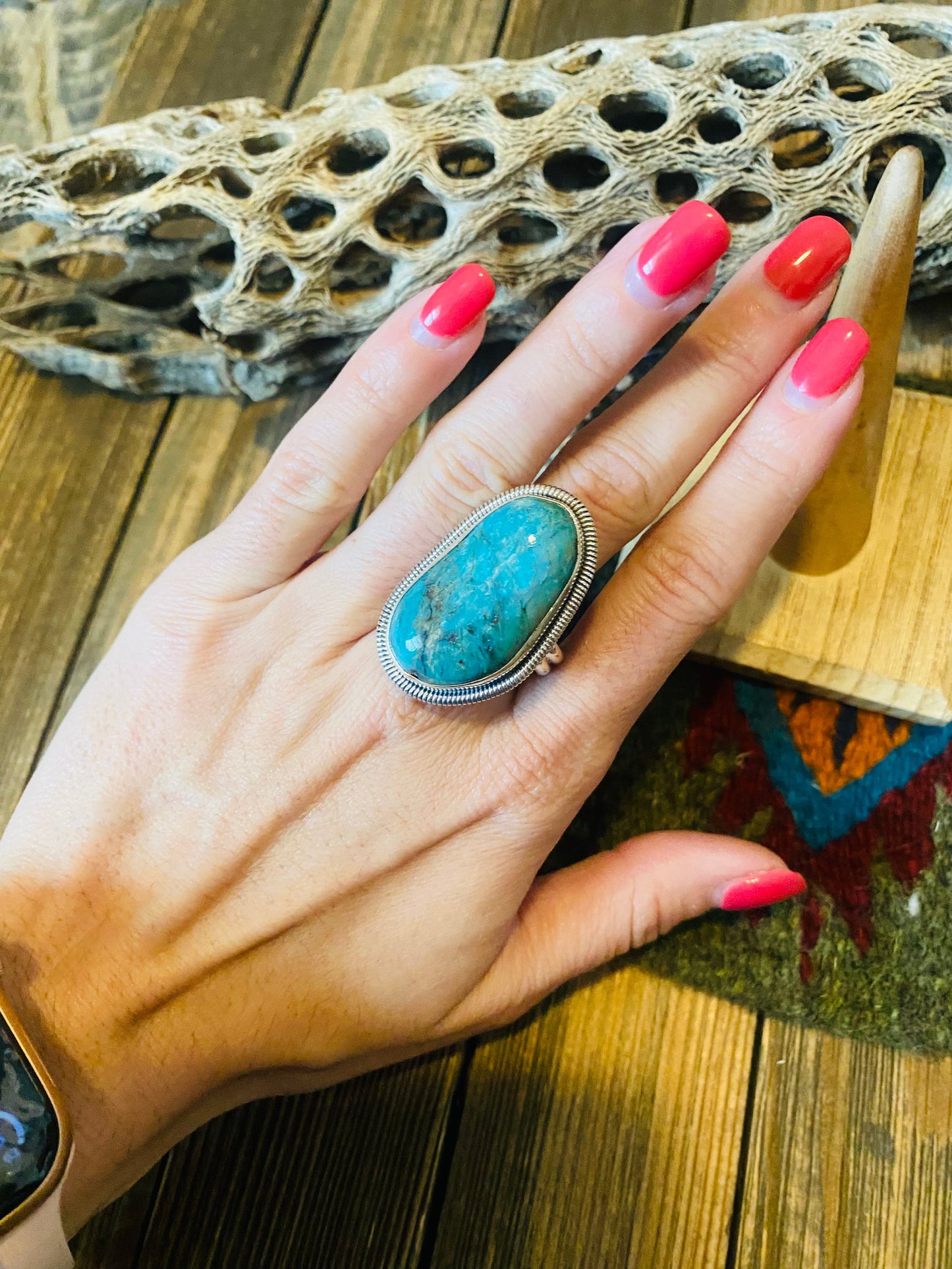 Navajo Gold Canyon Turquoise & Sterling Silver Adjustable Ring by Wydell Billie