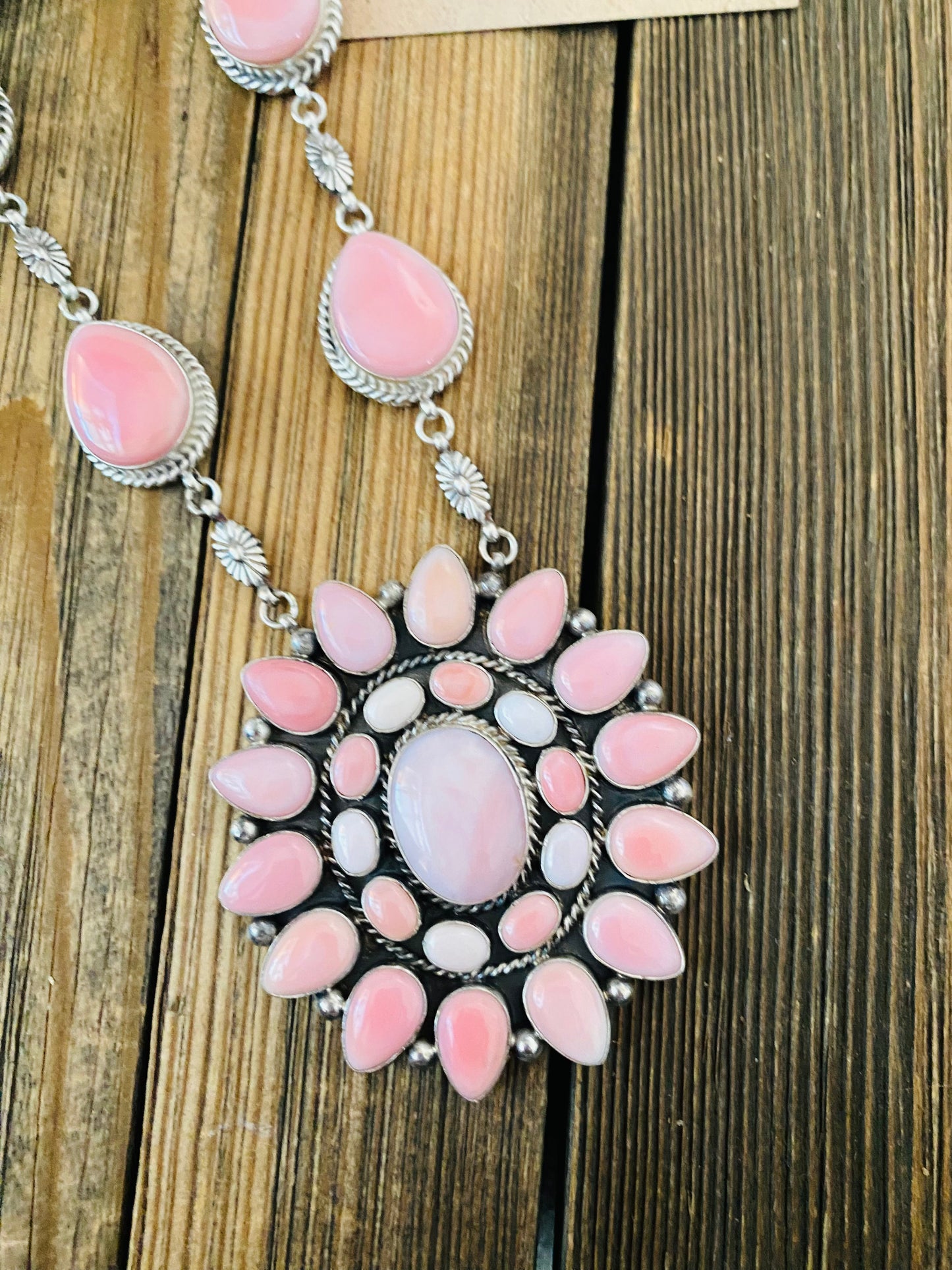 Handcrafted Pink Conch And Sterling Silver Necklace Earrings Set Signed Phyllis Smith