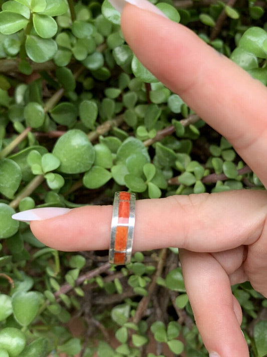 Handcrafted Sterling Silver & Orange Spiny Inlayed Stacker Ring