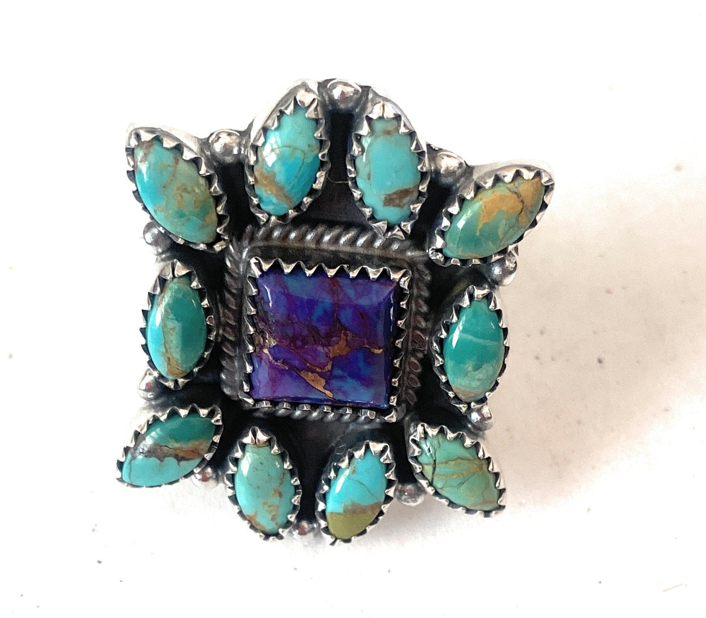 Handmade Sterling Silver, Turquoise & Purple Mojave Cluster Adjustable Ring