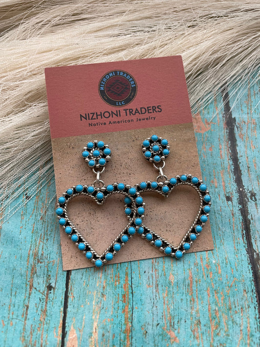 Handcrafted Sleeping Beauty Turquoise And Sterling Silver Heart Dangle Earrings