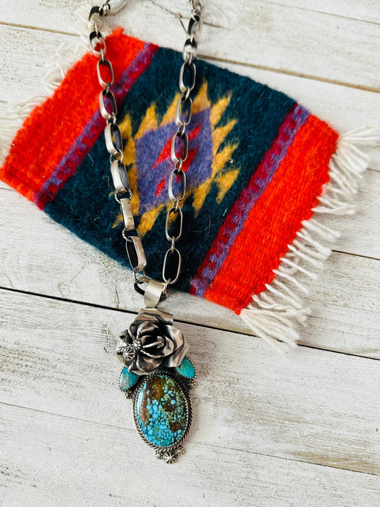 Handcrafted Sterling Silver & Kingman Web Turquoise Flower Spider Necklace