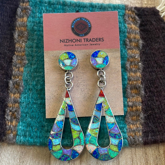 Handcrafted Multicolor Opal & Sterling Silver Inlay Dangle Earrings Signed