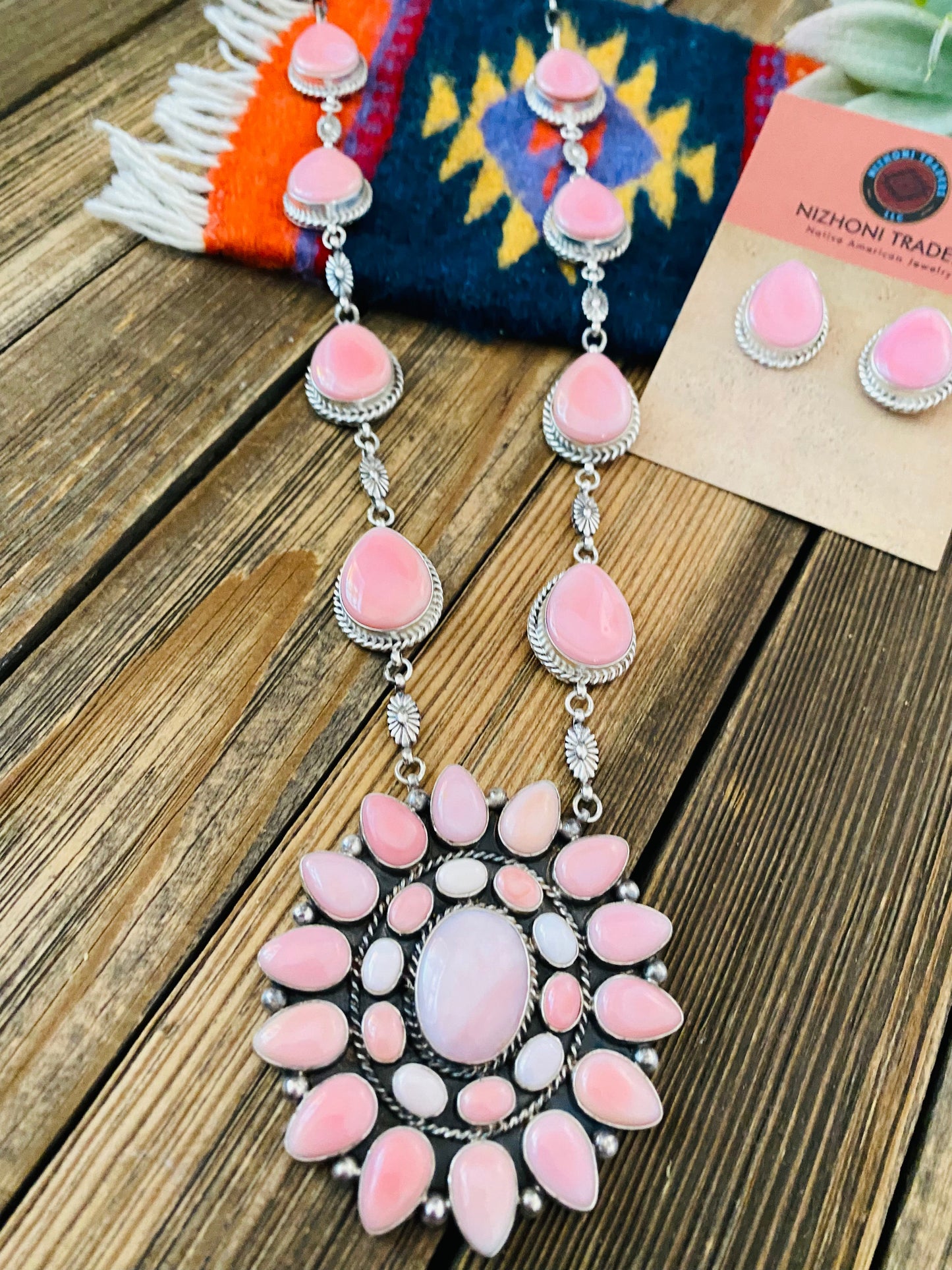 Handcrafted Pink Conch And Sterling Silver Necklace Earrings Set Signed Phyllis Smith
