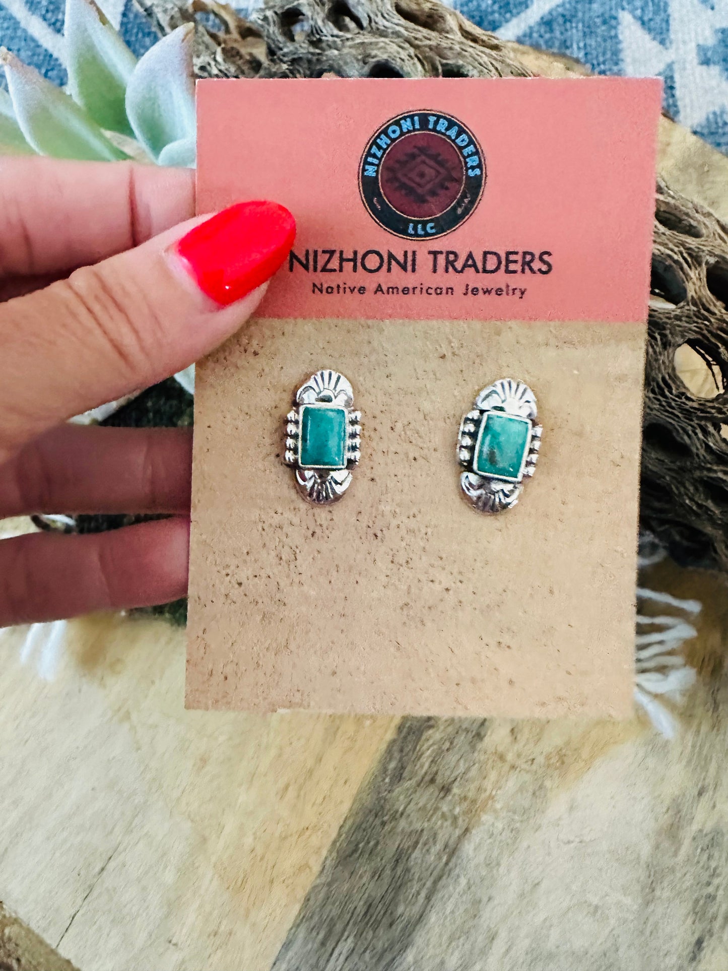 Navajo Turquoise & Sterling Silver Rectangle Stud Earrings