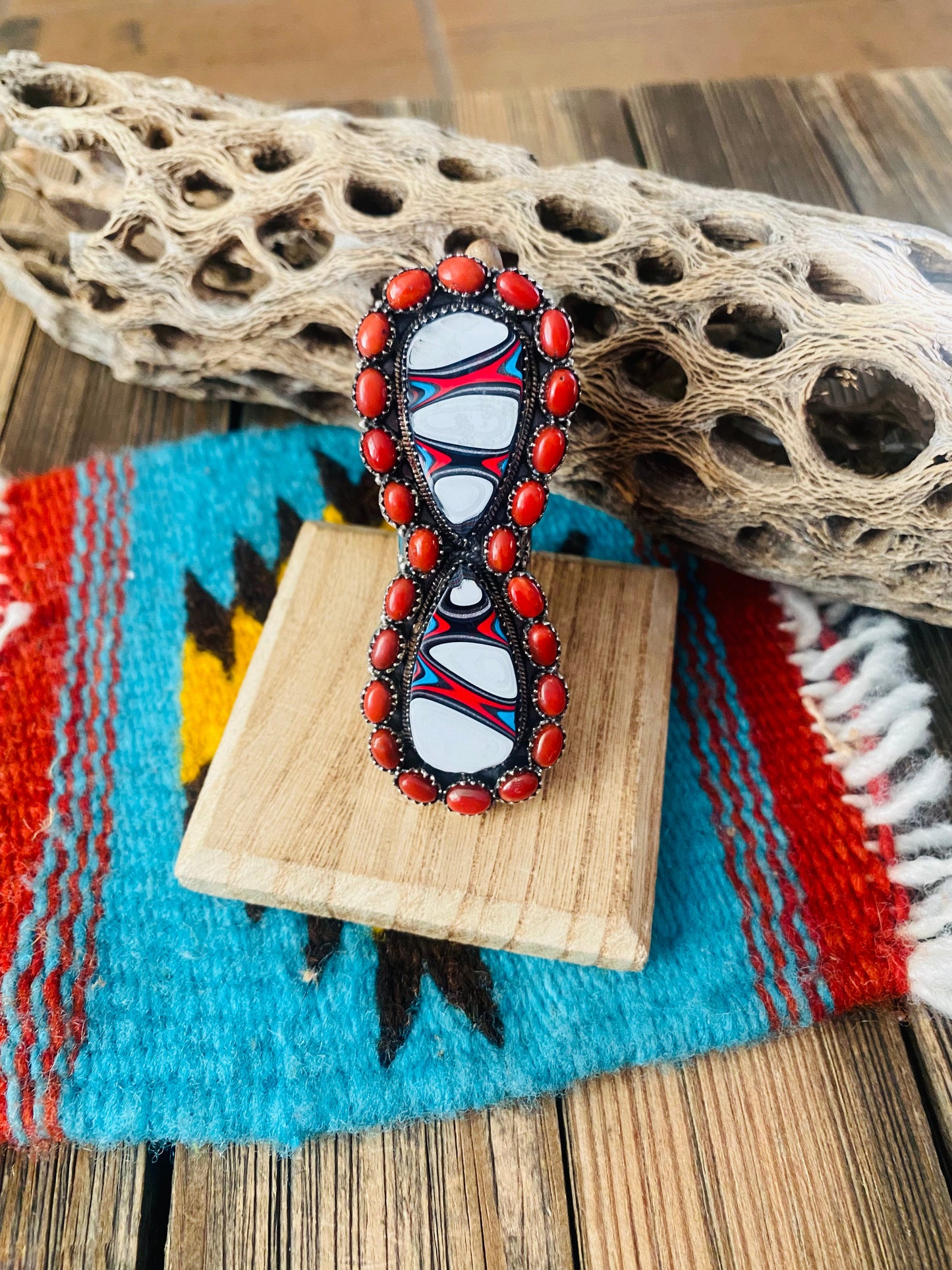 Handmade Sterling Silver, Fordite & Coral Cluster Adjustable Ring