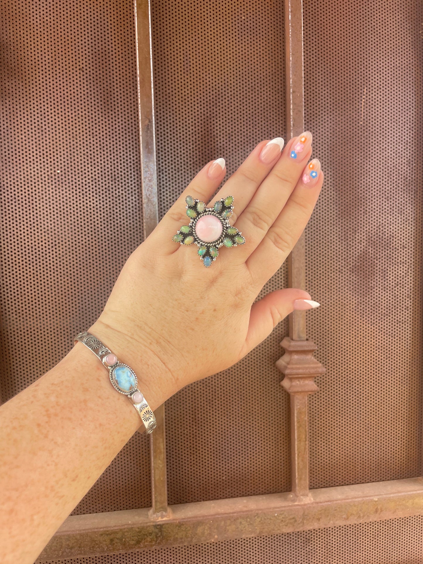 “The Goldie” Handmade Sterling Silver, Golden Hills, & Pink Conch Adjustable Cuff Bracelet