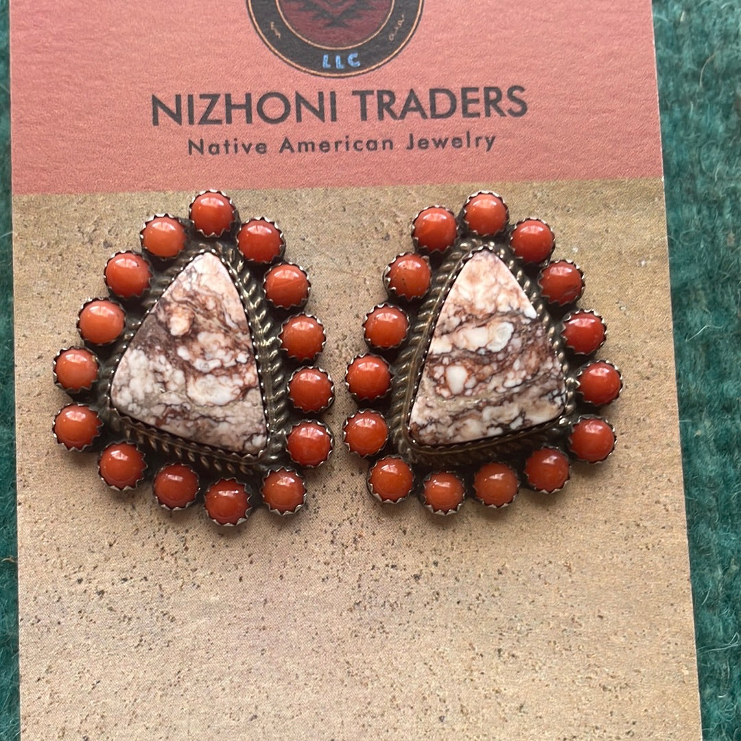 Beautiful Navajo Sterling Silver & Coral Post Earrings Signed