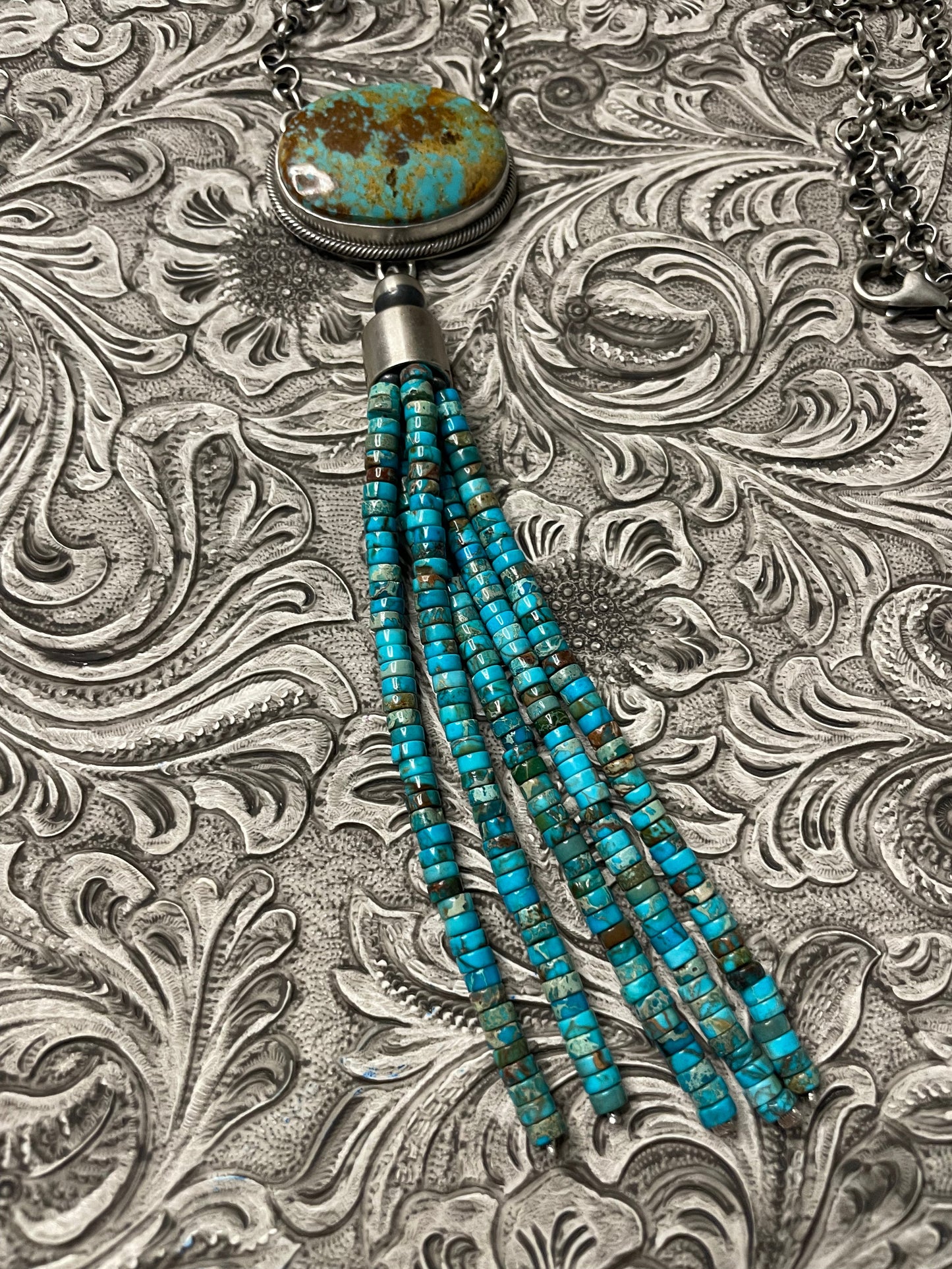 Handcrafted Turquoise & Sterling Silver Drop Necklace Signed Emer Thompson