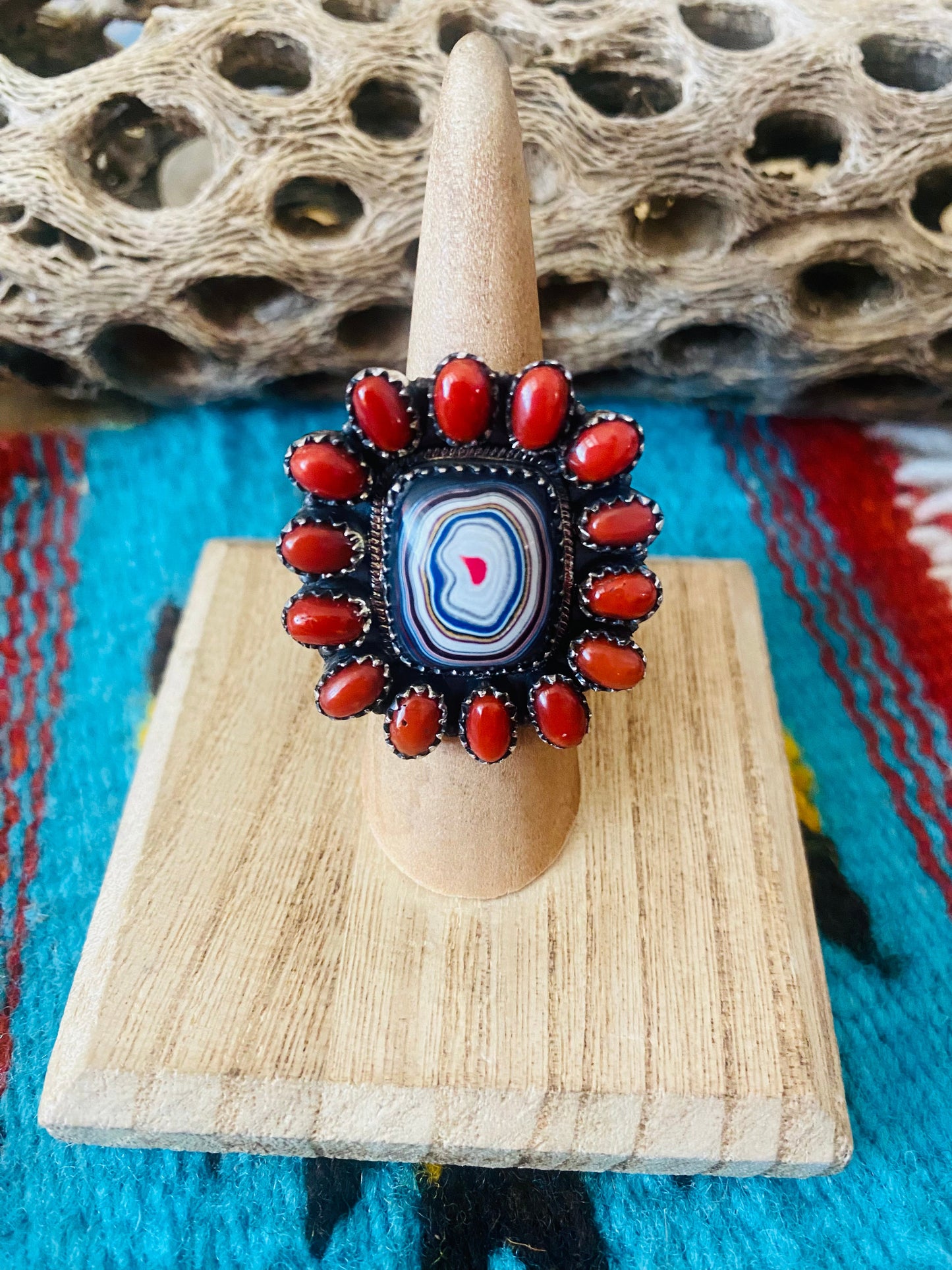 Handmade Sterling Silver, Fordite & Coral Cluster Adjustable Ring