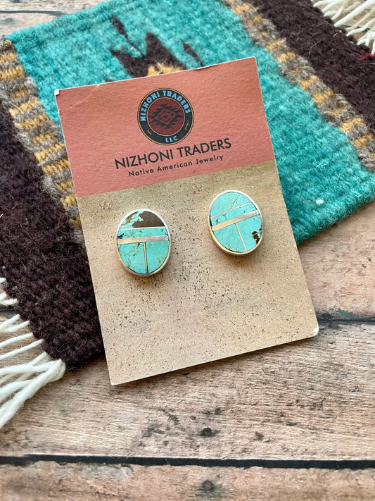 Handcrafted Number 8 Turquoise Inlay & Sterling Silver Post Earrings Signed