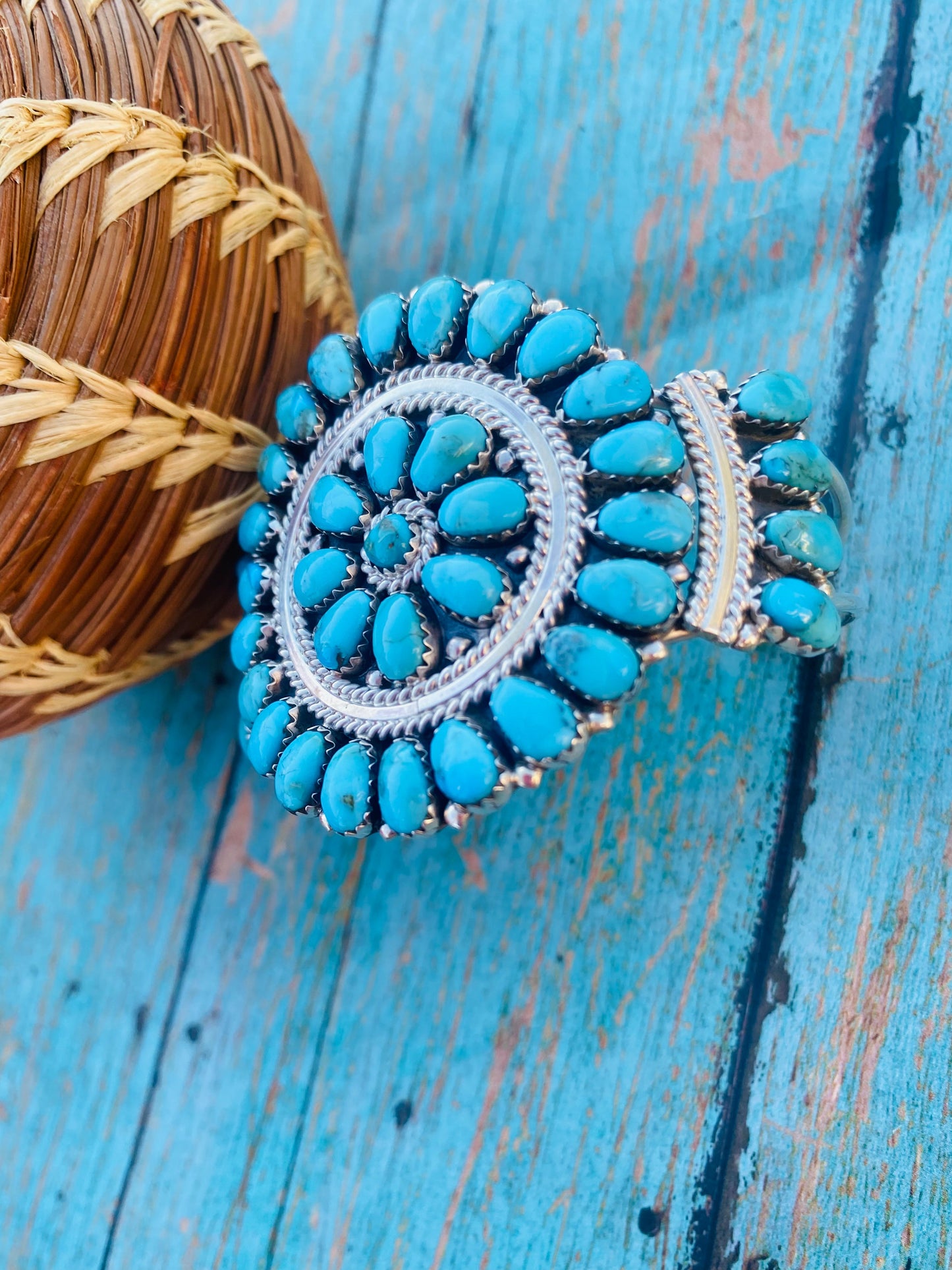 Handcrafted Kingman Turquoise & Sterling Silver Cluster Bracelet Cuff /