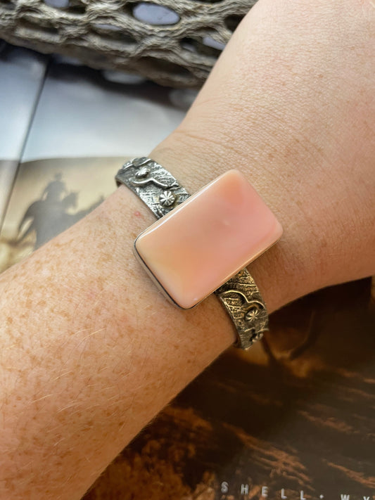 Handcrafted Pink Conch & Sterling Silver Tufa Cast Cuff Bracelet Signed