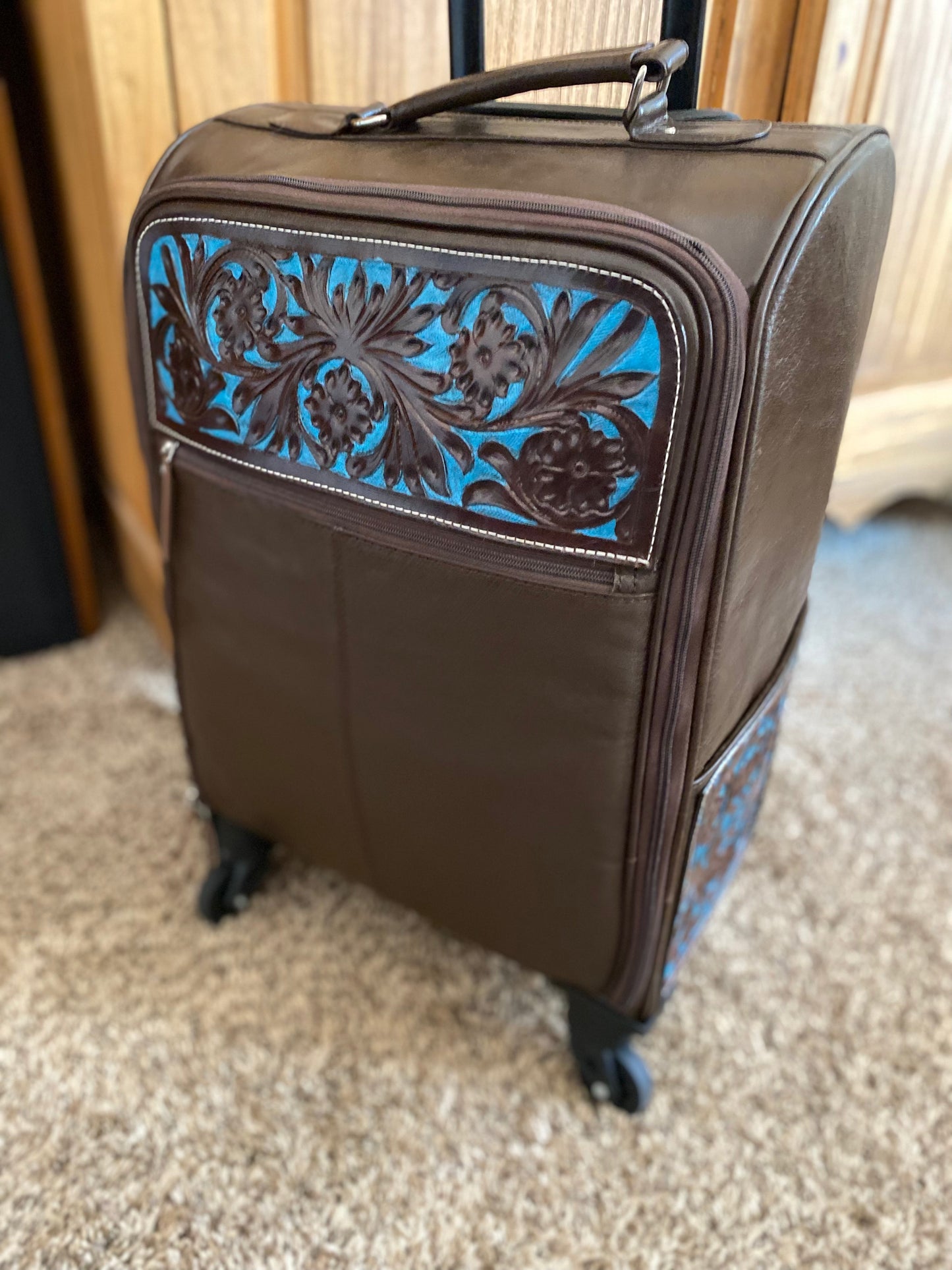 Chocolate Leather and Turquoise Carry On Roller Bag