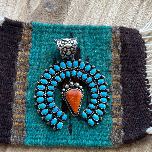 Handcrafted Sterling Silver, Turquoise & Orange Spiny Naja Pendant Signed