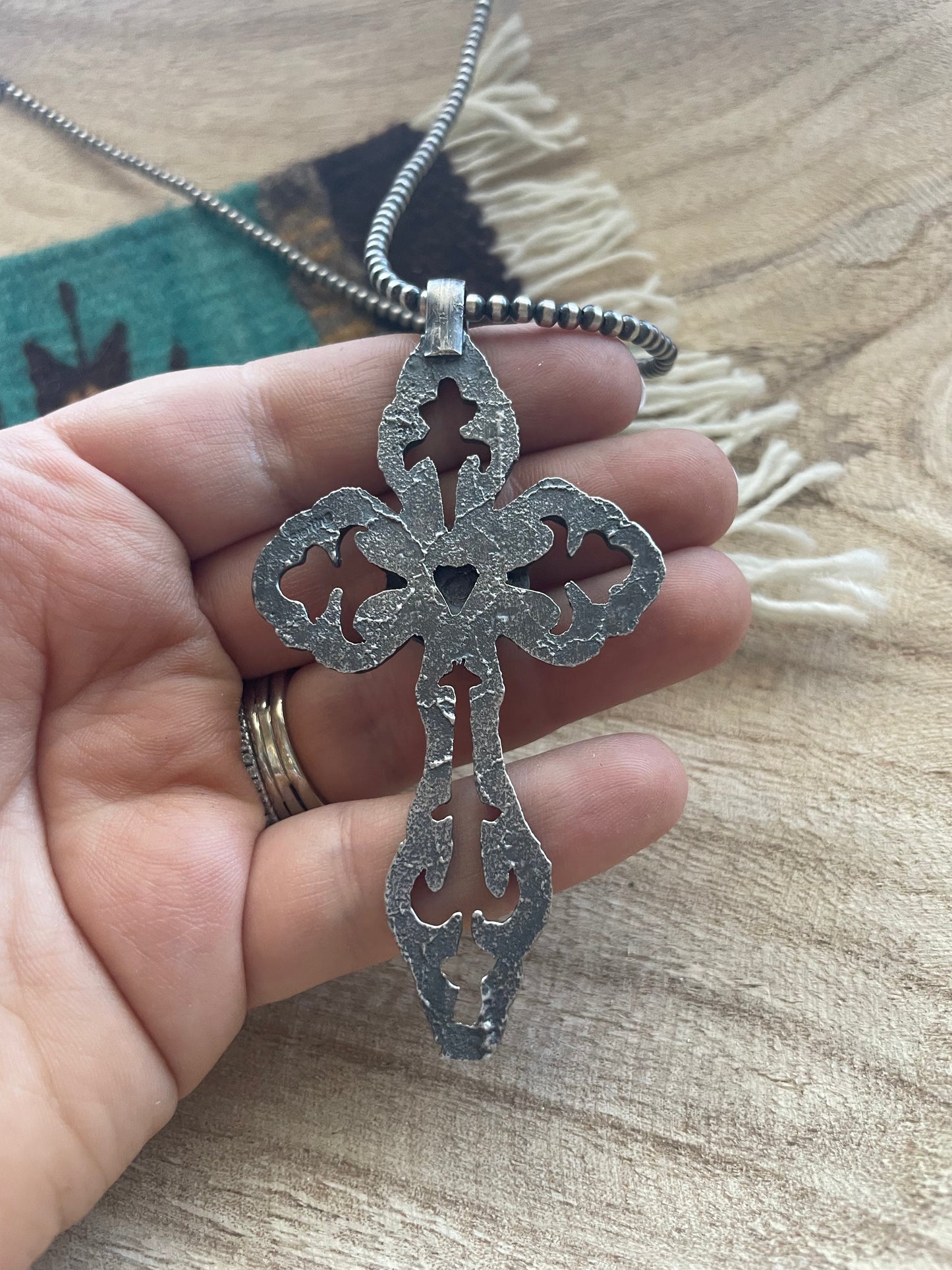 Handcrafted Sterling Silver & Turquoise Cross Pendant Signed Eugene Mitchell