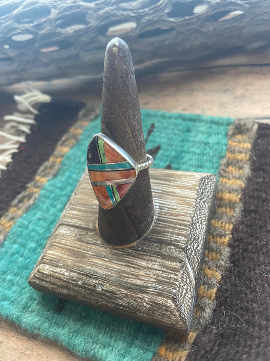 Handcrafted Sterling Silver & Multi Stone Inlay Ring Size 7.5