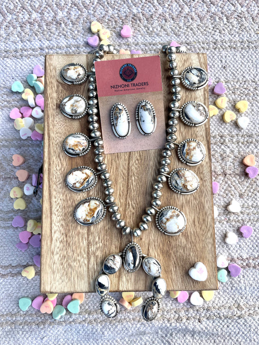 Handcrafted Sterling Silver & White Buffalo Squash Blossom Necklace & Earrings Set Signed