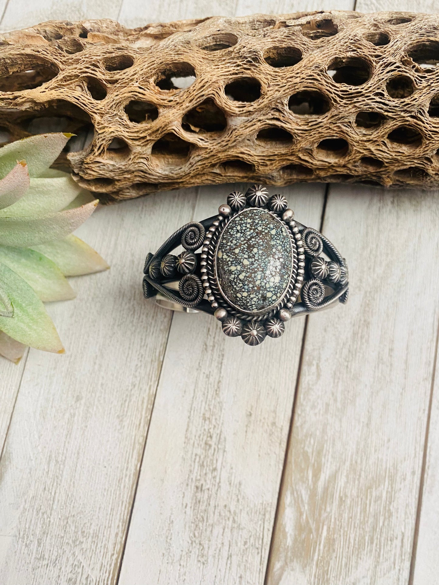 Handcrafted New Lander Turquoise & Sterling Silver Cuff Bracelet Signed
