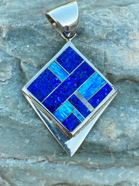 Navajo Lapis, Turquoise, Blue Opal Pointed Square Pendant