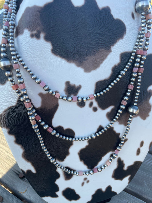 Handcrafted Pink Conch & Sterling Silver Beaded Necklace 72”