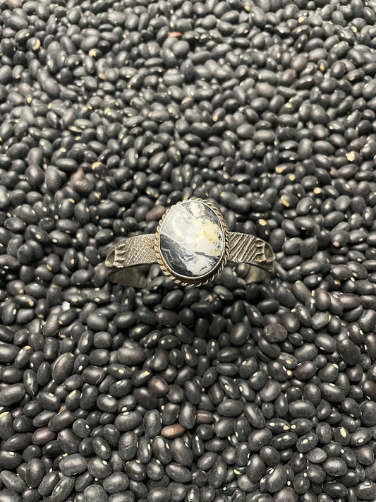 Handcrafted Golden Hills White Buffalo & Sterling Silver Tufa Cast Cuff Bracelet Signed