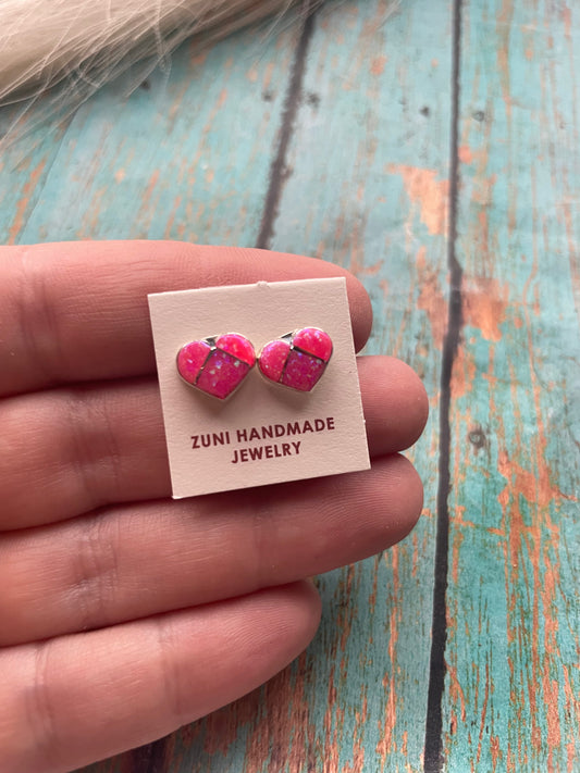 Handcrafted Sterling Silver & Pink Opal Inlay Heart Stud Earrings