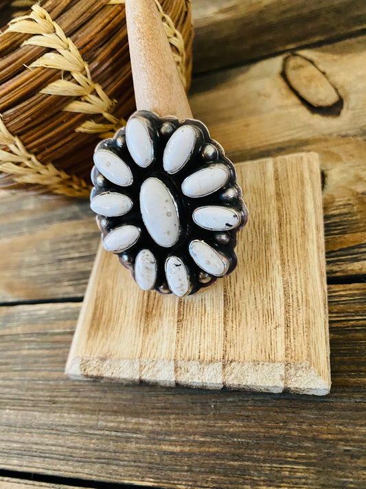 Handcrafted Sterling Silver And White Buffalo Cluster Adjustable Ring