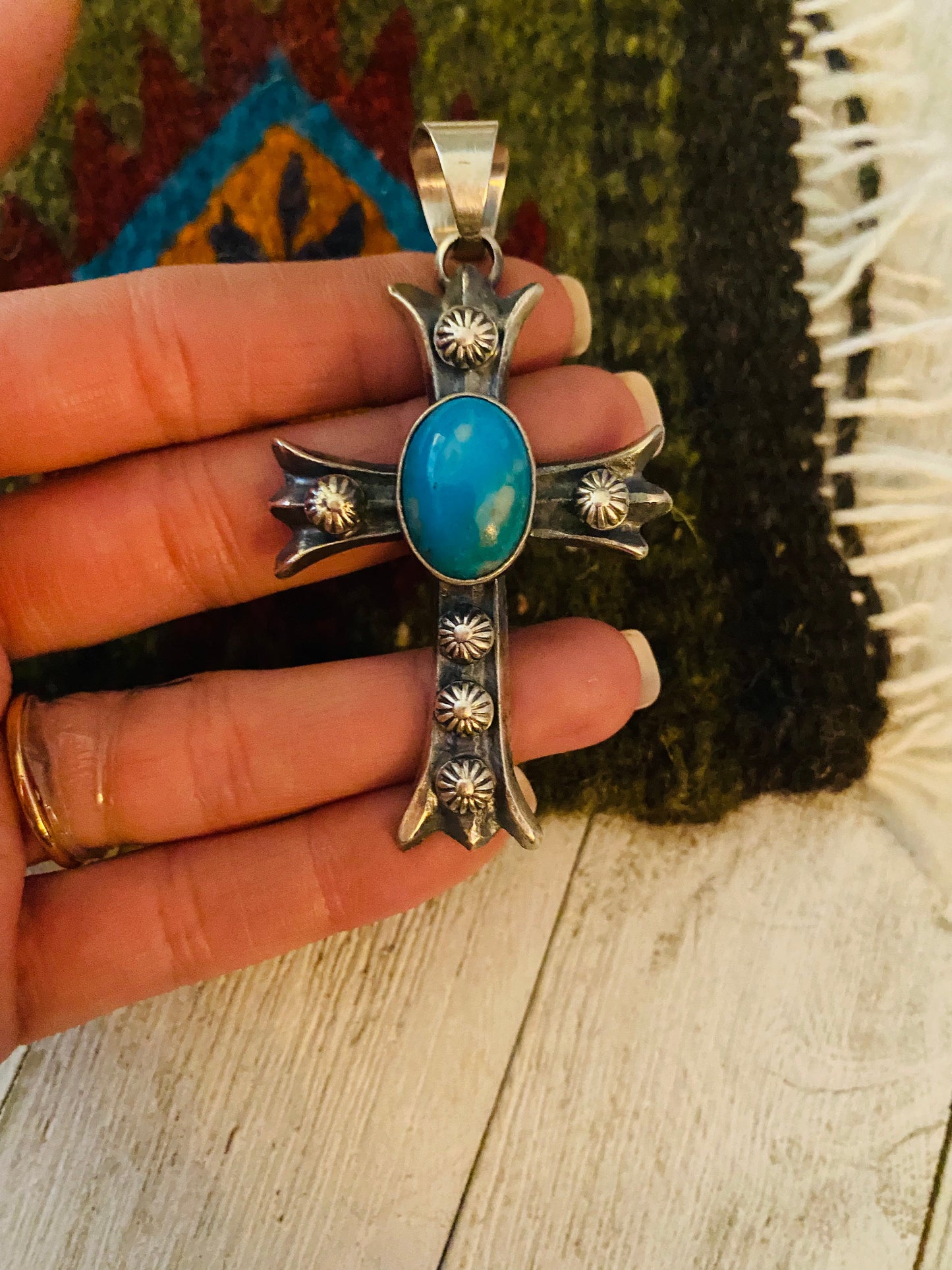 Handcrafted Sterling Silver & Turquoise Cross Pendant By Chimney Butte