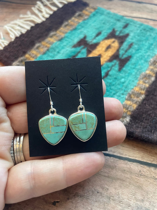 Handcrafted Number 8 Turquoise & Sterling Silver Inlay Dangle Earrings Signed
