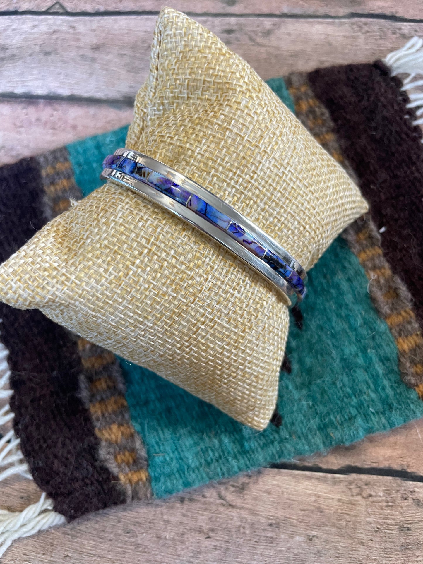 Handcrafted Handmade Sterling & Blue Opal Web Inlay Cuff Bracelet /