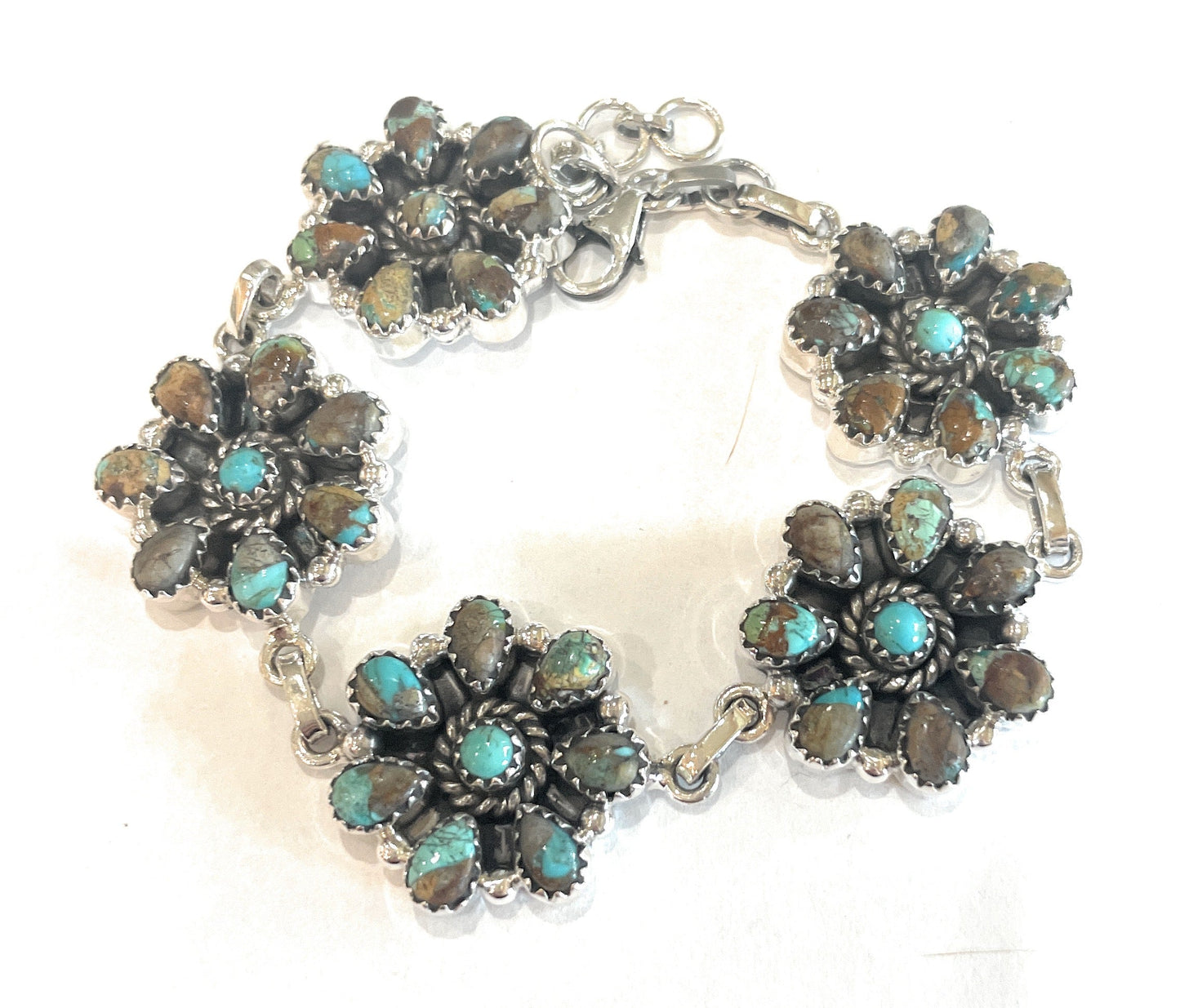 Handmade Sterling Silver And Turquoise Cluster Flower Bracelet Signed Nizhoni