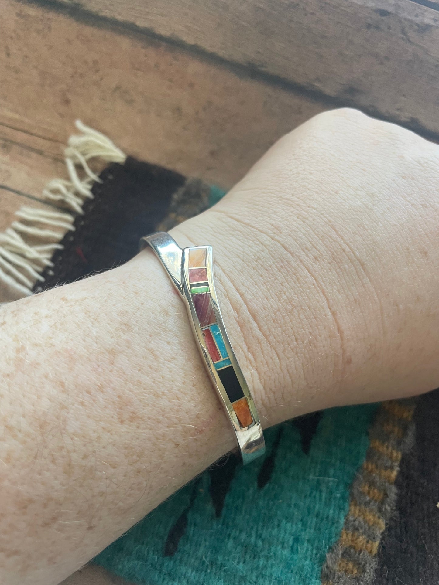 Handcrafted Handmade Sterling & Multi Stone Inlay Cuff Bracelet